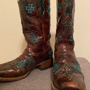 Corral Teal and Brown Cross Cowgirl Cowboy Boots